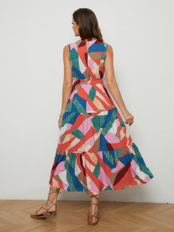 Women's Abstract Print Mock Neck Tiered Maxi Dress