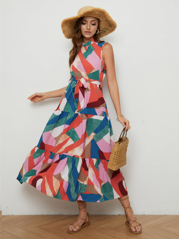 Women's Abstract Print Mock Neck Tiered Maxi Dress