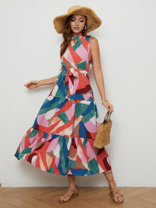 Women's Abstract Print Mock Neck Tiered Maxi Dress
