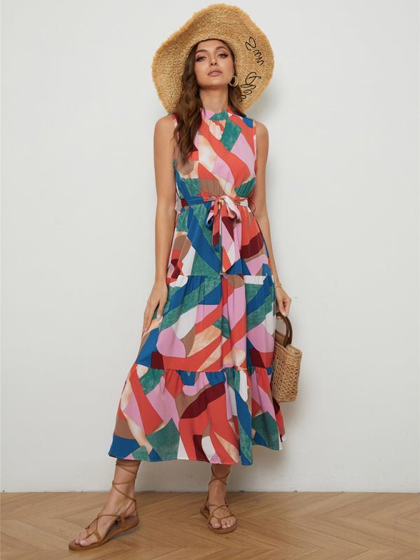 Women's Abstract Print Mock Neck Tiered Maxi Dress