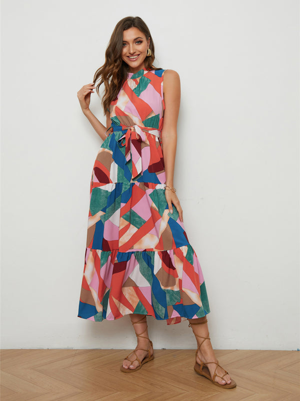 Women's Abstract Print Mock Neck Tiered Maxi Dress