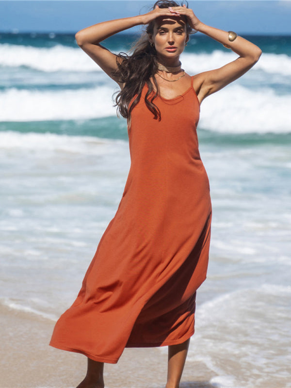 Women's Solid Color Strap Cotton Midi Dress