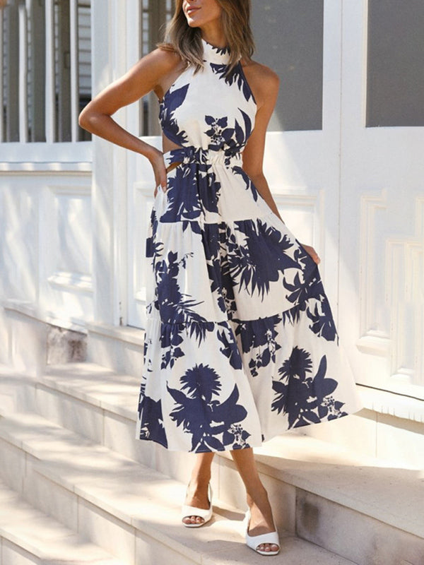 Women's printed halter neck sexy backless dress